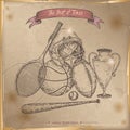 Antique sport gear hand drawn sketch on old paper background.
