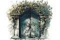 Antique spring door with vines, Watercolor - Generative Ai