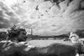 Antique statue on bridge Alexandre III, the river Seine and the Eiffel tower, Paris France, black and white photography