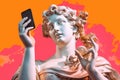 Antique statue with smartphone. Beautiful illustration picture. Generative AI