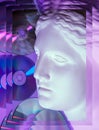 Antique statue of Venus head close up on a glitter CDs background. Concept of music, style, vintage.