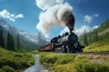 Antique steam locomotive chugging through the. Generative ai Royalty Free Stock Photo