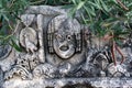 Antique stone-cut mask among tropical vegetation in the ruins of the ancient city of Myra, Turkey Royalty Free Stock Photo