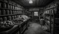 An antique store shelf displays large fruit in monochrome contrast generated by AI