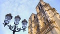 Antique streetlight and Notre-Dame cathedral, sightseeing in Paris, France Royalty Free Stock Photo