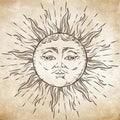 Antique style hand drawn art sun. Boho chic tattoo design vector