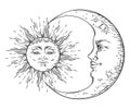 Antique style hand drawn art sun and crescent moon. Boho chic tattoo design vector