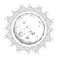 Antique style hand drawn line art and dot work full moon with rays of light. Boho chic tattoo or print design vector illustration.