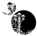 Antique style street lights and sakura flowers black and white vector silhouettes Royalty Free Stock Photo
