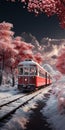 An antique-style streetcar surrounded by a picturesque view of cherry blossoms in bloom