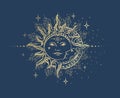 Antique style sun and crescent moon. Boho chic tattoo design vector illustration Royalty Free Stock Photo