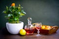 Antique stylized still life with a bouquet of roses, a decanter of wine and apples.