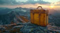 suitcase rests on a mountain overlook AI generated