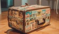 Antique suitcase on wooden table, travel memories collected generated by AI