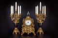 Antique table clock and two candlesticks with candles Royalty Free Stock Photo