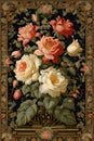 Antique tapestry with muted gold threads, blooming roses and lilies flowers, whispering secrets of a bygone era, floral pattern