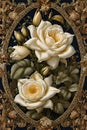 Antique tapestry woven with muted gold threads, depicts blooming white roses flower, with tiny embroidered jewels, floral design