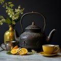 Vintage Teatime: Antique Tea Kettle and Bergamots on Wooden Table