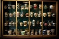 antique teacup collection in a glass display cabinet