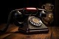 An antique telephone placed on a rustic wooden surface, adding a touch of nostalgia to any setting, Old-fashioned rotary phone on Royalty Free Stock Photo