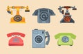 Antique telephones. handset connection retro style old gadgets 80s 70s technique. vector flat pictures isolated Royalty Free Stock Photo