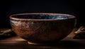 Antique terracotta flower pot on rustic wooden table, empty foreground generated by AI