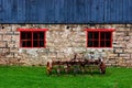 Antique tiller beside a barn