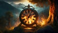 A antique time burning in the middle of a forest with mountains behind. Time is running metaphor