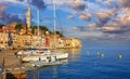 Antique town Rovinj, Istria, Croatia. Sea morning yachts boats