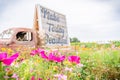 Antique tractor trailer photography prop on a flower farm field next to wild flowers, with the quote `make today beautiful` Royalty Free Stock Photo