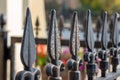 Antique traditional black iron fence post spires along an urban sidewalk Royalty Free Stock Photo