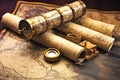 Antique treasure map is placed on old parchment as rolled scroll, resting on table. International Pirate Day. Generative