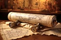 Antique treasure map is placed on old parchment as rolled scroll, resting on table. International Pirate Day. Generative