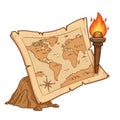 Antique Treasure Map with Torch Light on Stone Base Adventure Navigation Royalty Free Stock Photo