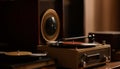 Antique turntable spinning old fashioned soundtrack at nightclub party generated by AI