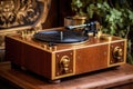 antique turntable with wooden finish and brass details