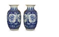 antique two blue and white ceramic vases on white background, object, vintage, decor, ancient, gift, copy space Royalty Free Stock Photo