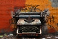 An antique typewriter rests on a brick wall, evoking sentimentality and the charm of bygone eras., Vintage typewriter against a Royalty Free Stock Photo