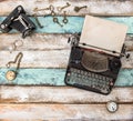 Antique typewriter vintage accessories Flat lay still life Royalty Free Stock Photo