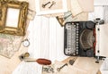 Antique typewriter vintage office accessories Flat lay still life Royalty Free Stock Photo