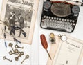 Antique typewriter vintage office accessories Flat lay still life Royalty Free Stock Photo