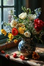 An antique vase full of colorful flowers