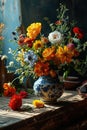 An antique vase full of colorful flowers. Royalty Free Stock Photo