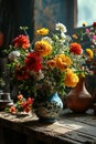 An antique vase of colorful flowers in the window light. Royalty Free Stock Photo