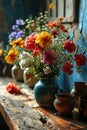 An antique vase full of colorful flowers against a blue wall. Royalty Free Stock Photo