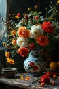 An antique vase full of colorful flowers.