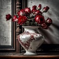 Antique vase with red flowers