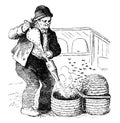 Vintage Vector Drawing or Antique Engraving Illustration of Beekeeper Working with Hive and Smoker