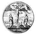 Vintage Vector Drawing or Antique Engraving of Rounded Illustration Showing Crucifixion of Jesus Christ