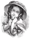 Antique Victorian vector illustration of gypsy girl with hat